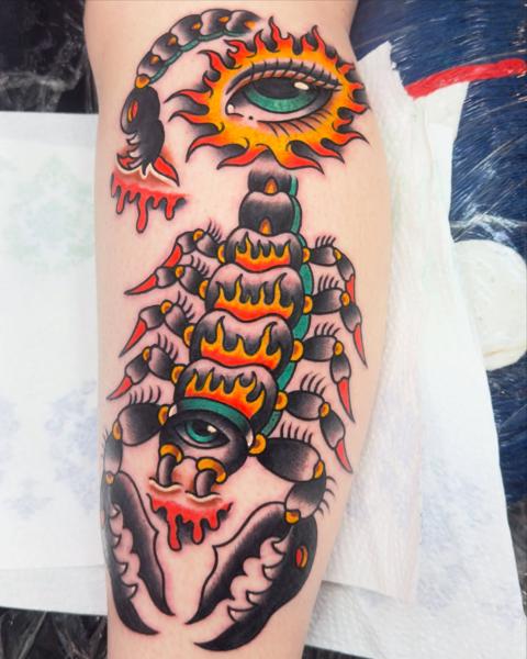 Traditional flaming scorpion tattoo by @stef_mits_tattoo