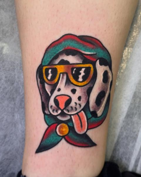 Traditional dog with sunglasses tattoo by @stef_mits_tattoo