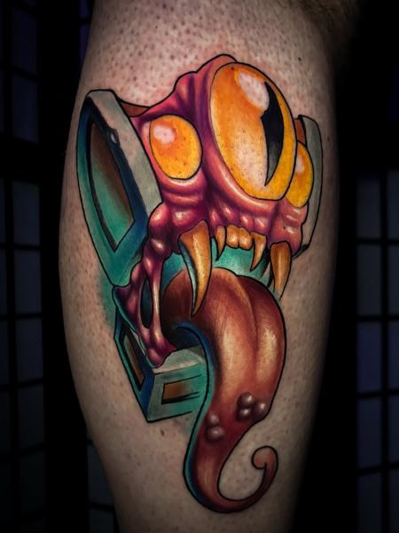 Illustrative monster chest tattoo by @stelios.linas