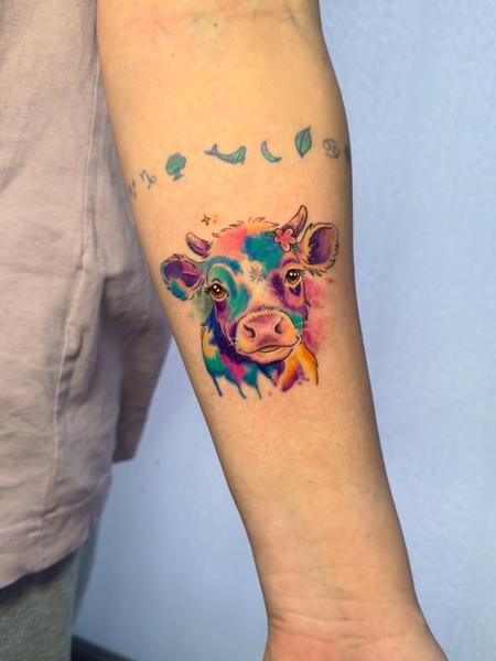 Color realism colorful cow tattoo by @delina_st_tattoo