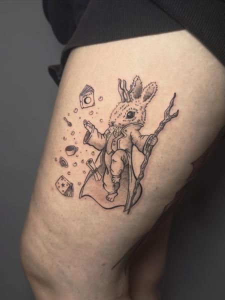 Illustrative wizard rabbit tattoo by @delina_st_tattoo