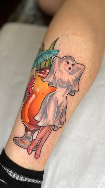 Traditional ghost cocktail tattoo by @stephanie_melbourne