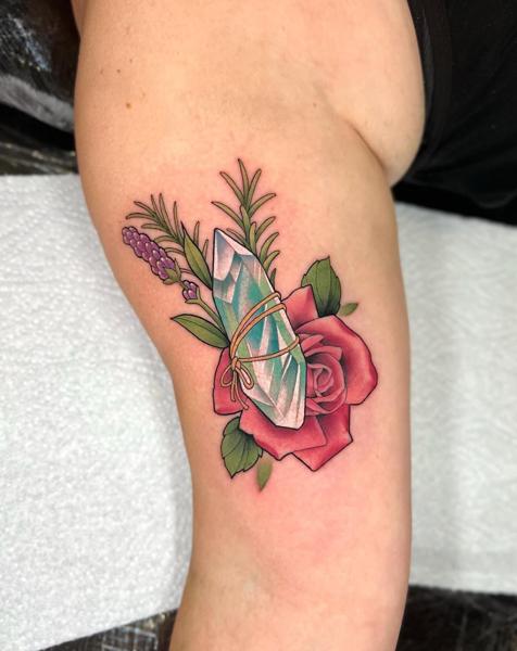 Traditional crystal rose tattoo by @stephanie_melbourne
