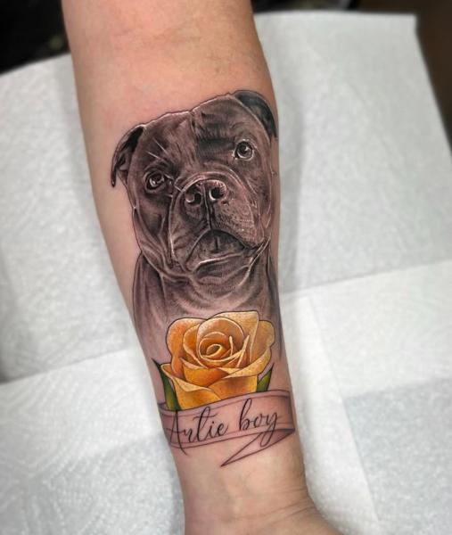 Realism dog portrait tattoo by @stephanie_melbourne