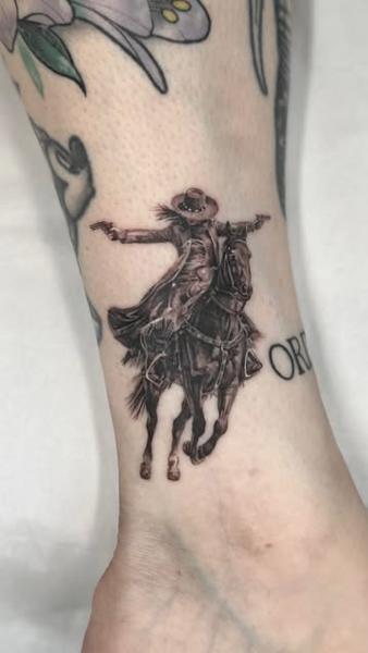 Realism cowboy on horse tattoo by @stephanie_melbourne