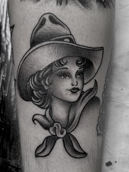 Traditional cowgirl portrait tattoo by @stephenkellytattoo
