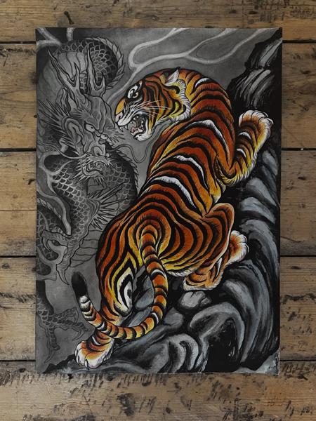 Japanese tiger and dragon tattoo by @curwen_tattoo