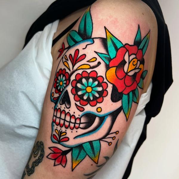 Traditional sugar skull tattoo by @stoyjunx