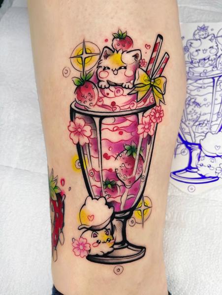 Kawaii cat sundae tattoo by @summerboreal