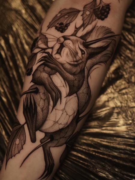 Dotwork jackalope tattoo by @sylvia__ink