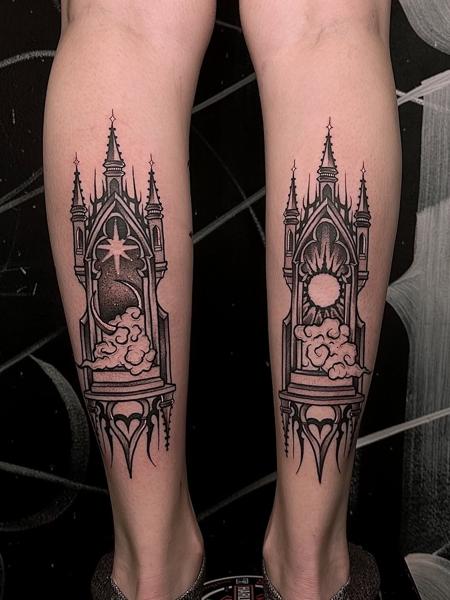 Gothic blackwork gothic celestial arch tattoo by @goretattoos