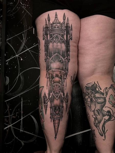 Blackwork gothic architecture tattoo by @goretattoos