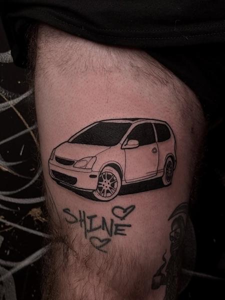 Blackwork hatchback car tattoo by @goretattoos