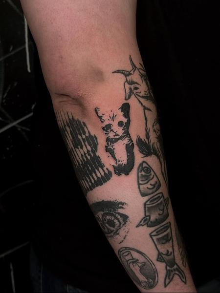 Blackwork distressed cat tattoo by @goretattoos