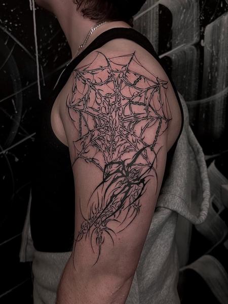 Blackwork abstract spiderweb tattoo by @goretattoos