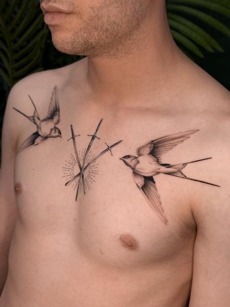 Fine line swallows and swords tattoo by @tatti_ptc