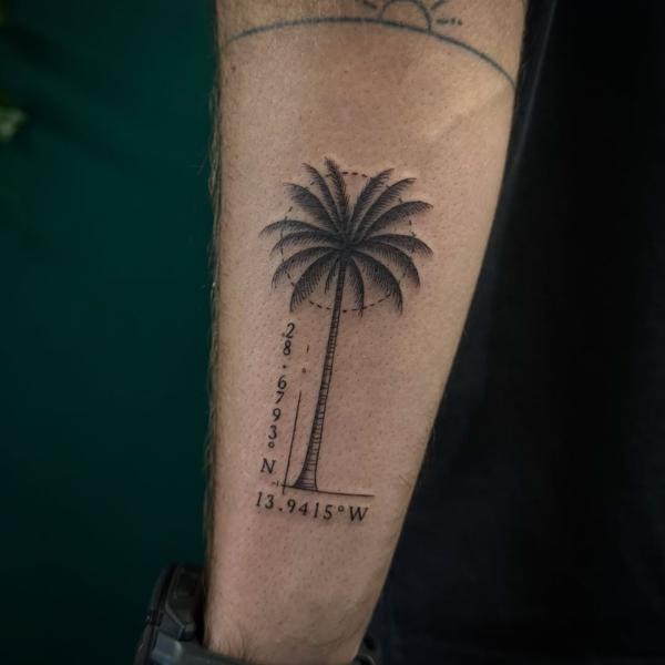 Fine line palm tree tattoo by @tattoosbycay