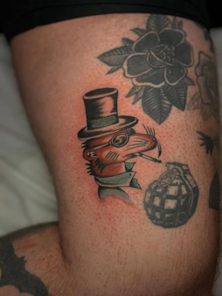 Traditional rat with top hat tattoo by @tattoosbynunes