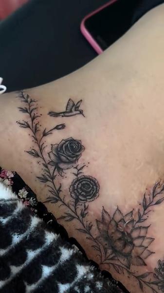 Fine Line floral hummingbird tattoo by @tatzbychina