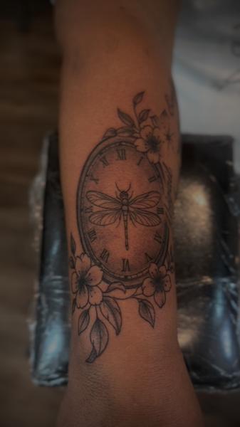Fine Line dragonfly clock tattoo by @tatzbychina