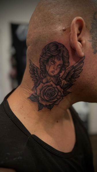 Black And Grey angel and rose tattoo by @tatzbychina