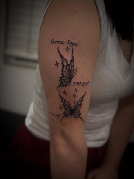Fine Line butterflies and stars tattoo by @tatzbychina