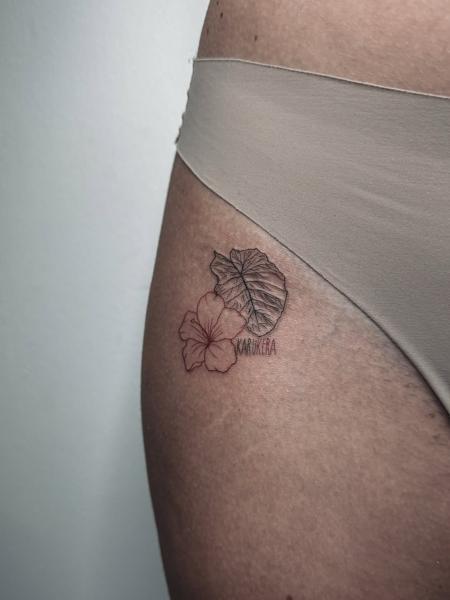Fine line floral floral leaf text tattoo by @terrie_titouutattoo