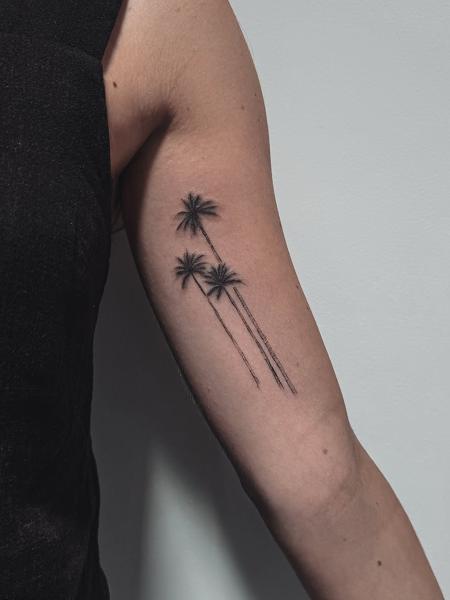 Fine line palm trees tattoo by @terrie_titouutattoo