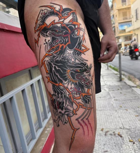Neo-traditional demonic panther tattoo by @wastedyouth.tattooer