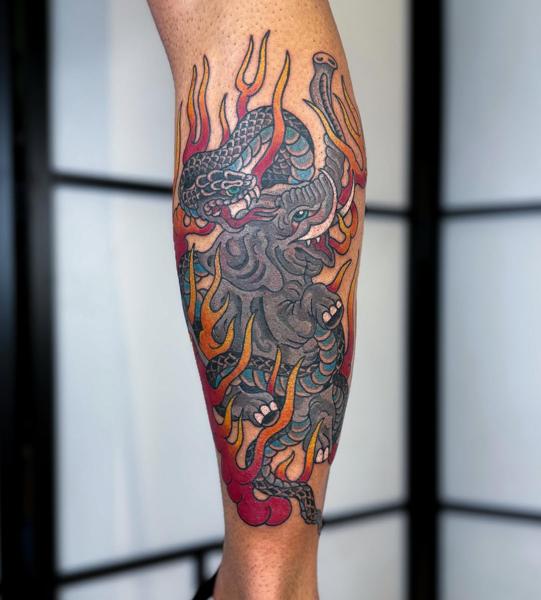 Japanese snake and elephant tattoo by @wastedyouth.tattooer
