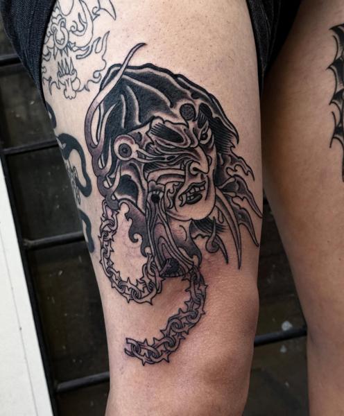 Japanese demon mask tattoo by @wastedyouth.tattooer