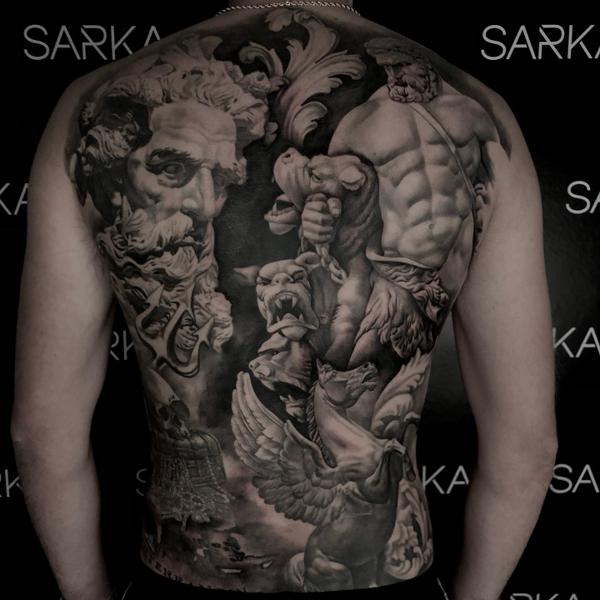 Realism mythological scene tattoo by @thanos_stokas_tattoo
