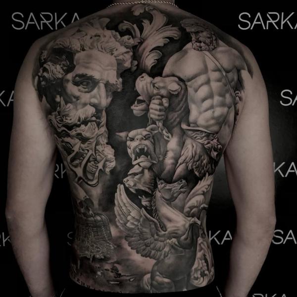 Realism mythological scene tattoo by @thanos_stokas_tattoo