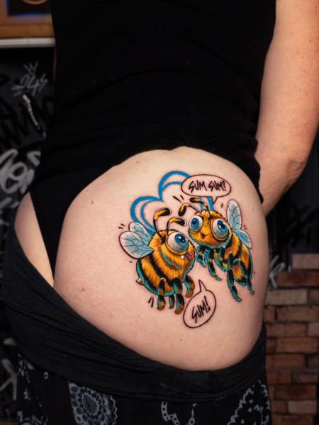New School cartoon bees tattoo by @the.comink