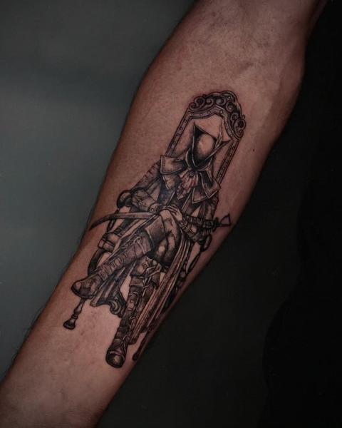 Blackwork hooded figure tattoo by @inkeepertattooathens