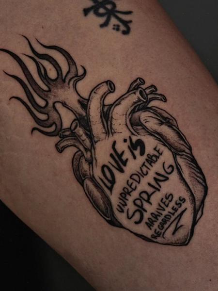 Blackwork flaming heart tattoo by @inkeepertattooathens