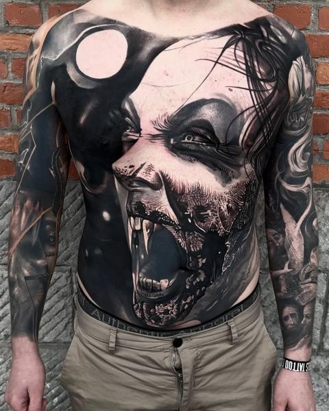 Realism vampire portrait tattoo by @tomftattoo