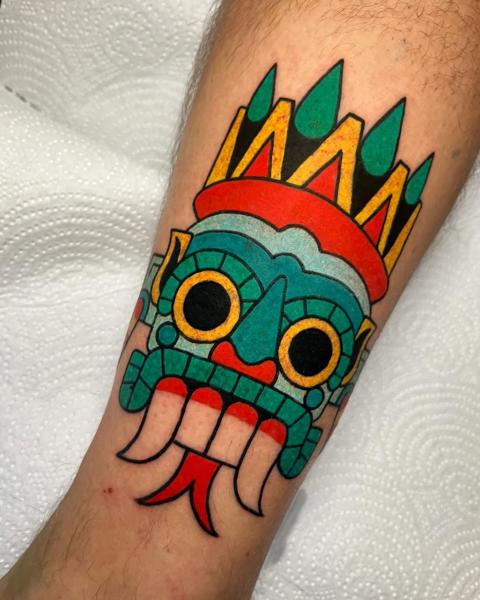 Traditional aztec mask tattoo by @tsosme_teza