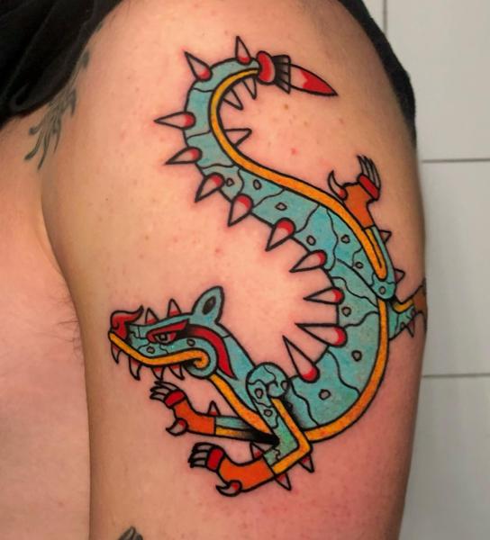 Traditional aztec dragon tattoo by @tsosme_teza