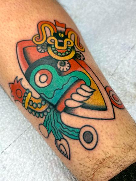 Traditional aztec mask tattoo by @tsosme_teza