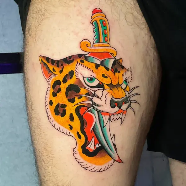 Traditional leopard dagger tattoo by @tsosme_teza