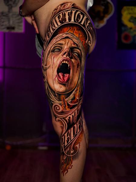 Realism screaming woman tattoo by @nasufi_armando