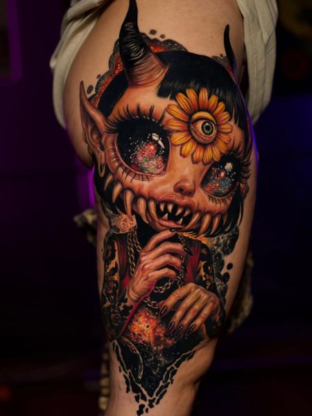 Illustrative demonic character tattoo by @nasufi_armando