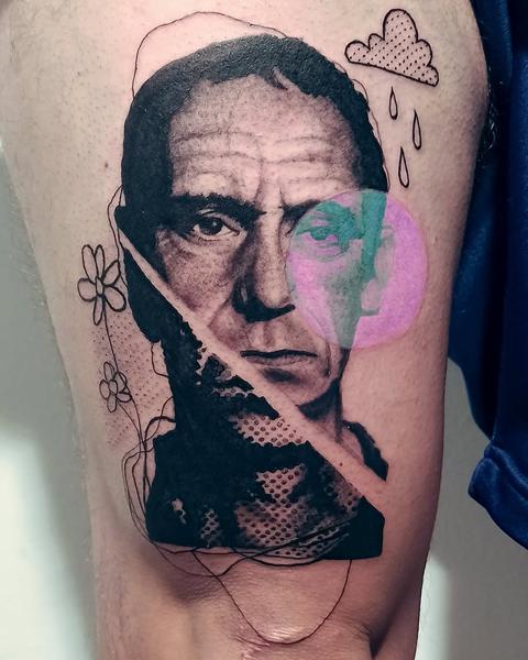 Illustrative abstract portrait tattoo by @zachosink