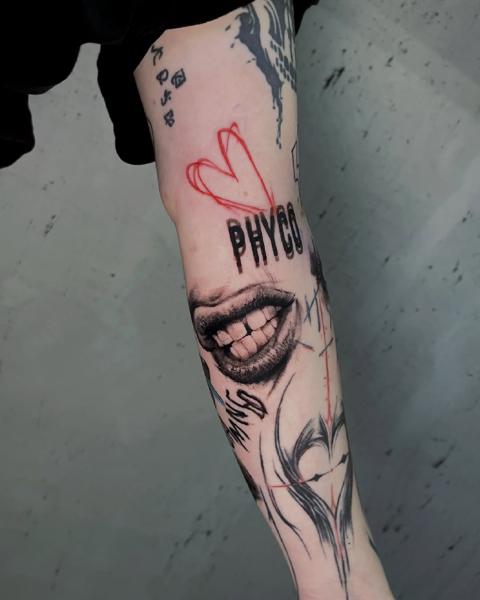 Blackwork smiling mouth tattoo by @zachosink