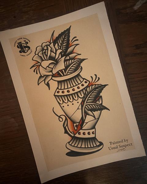 Traditional floral vase tattoo by @usual_suspect_ttt