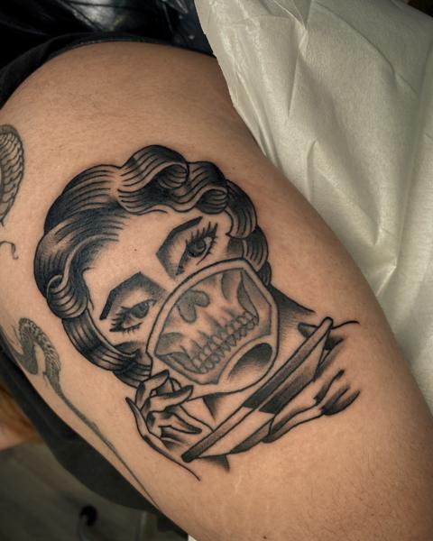 Traditional woman with skull tattoo by @usual_suspect_ttt