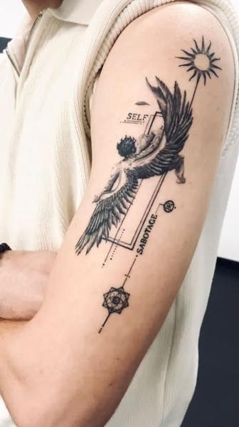 Fine line winged figure tattoo by @vanillaflows