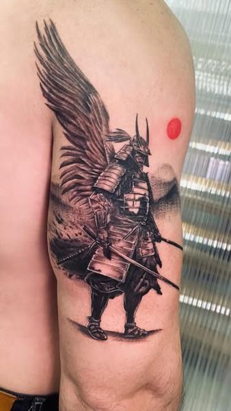 Realism winged samurai tattoo by @vanillaflows