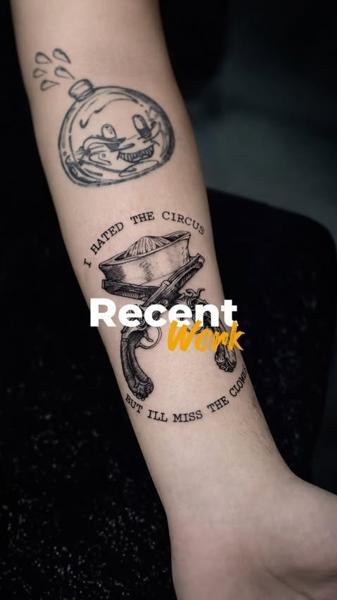 Illustrative circus theme tattoo by @vanya.tattoo